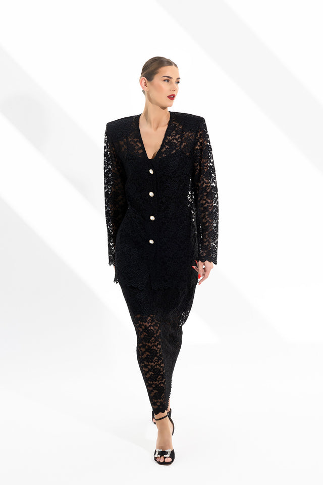 Lace Blazer Skirt Set Noir