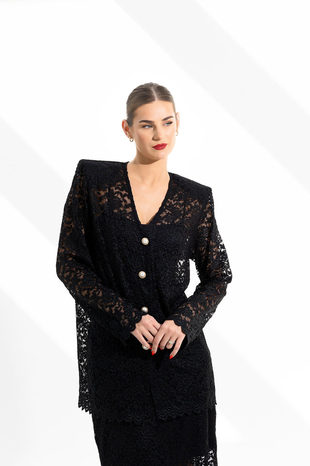 Lace Blazer Skirt Set Noir
