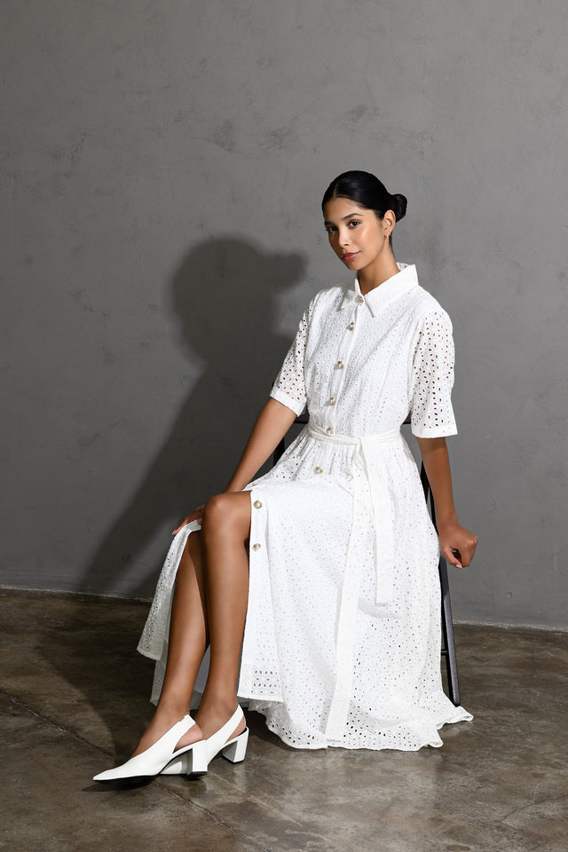 Long Broderie Dress Blanche