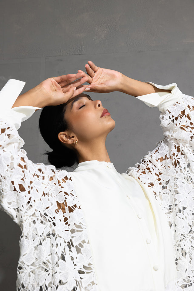 Long Lace and Silk Shirt Blanche