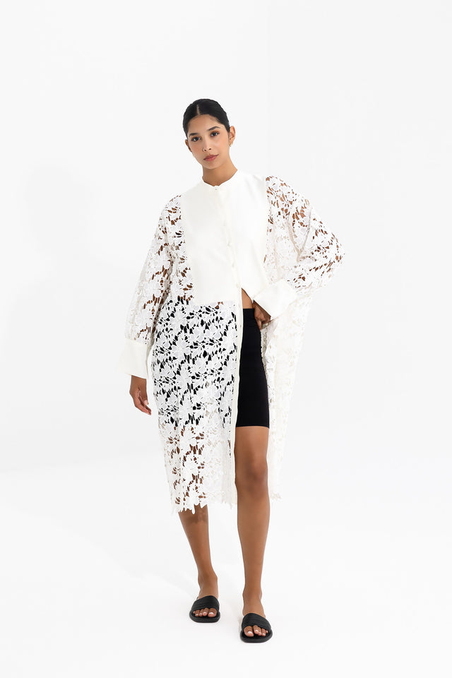 Long Lace and Silk Shirt Blanche