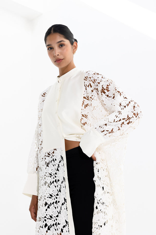 Long Lace and Silk Shirt Blanche