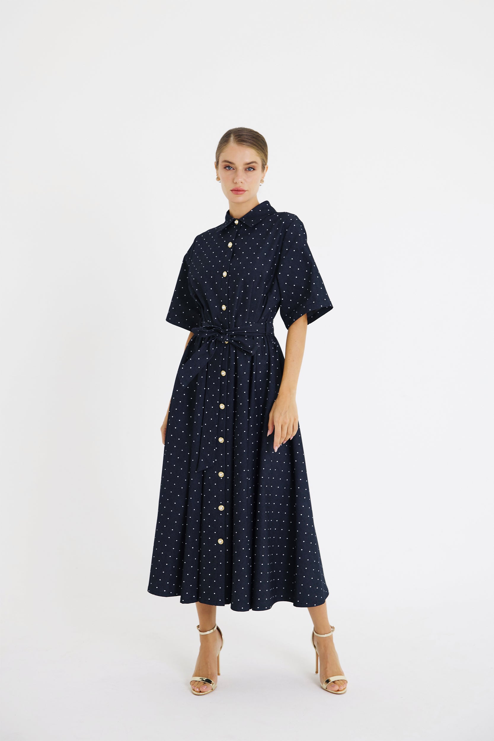 denim polka dress Polka Dot Denim A-Line Midi Dress