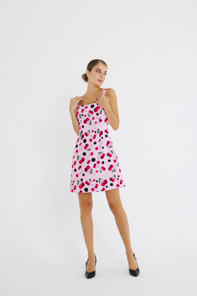 Mini A-line Dress Pink Cherry Print