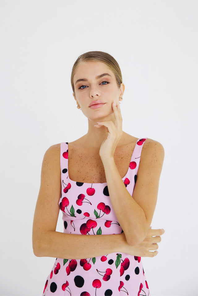 Mini A-line Dress Pink Cherry Print