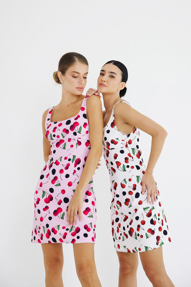 Mini A-line Dress Pink Cherry Print