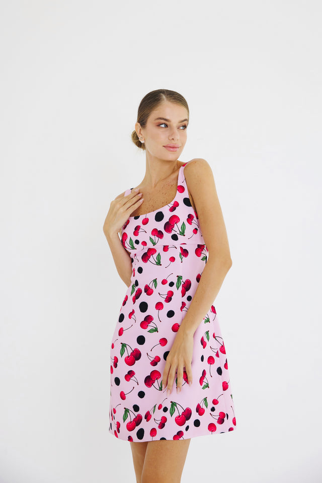 Mini A-line Dress Pink Cherry Print
