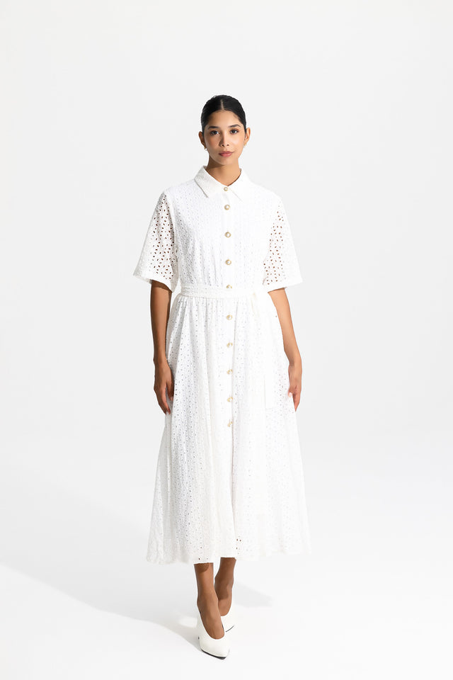 Long Broderie Dress Blanche