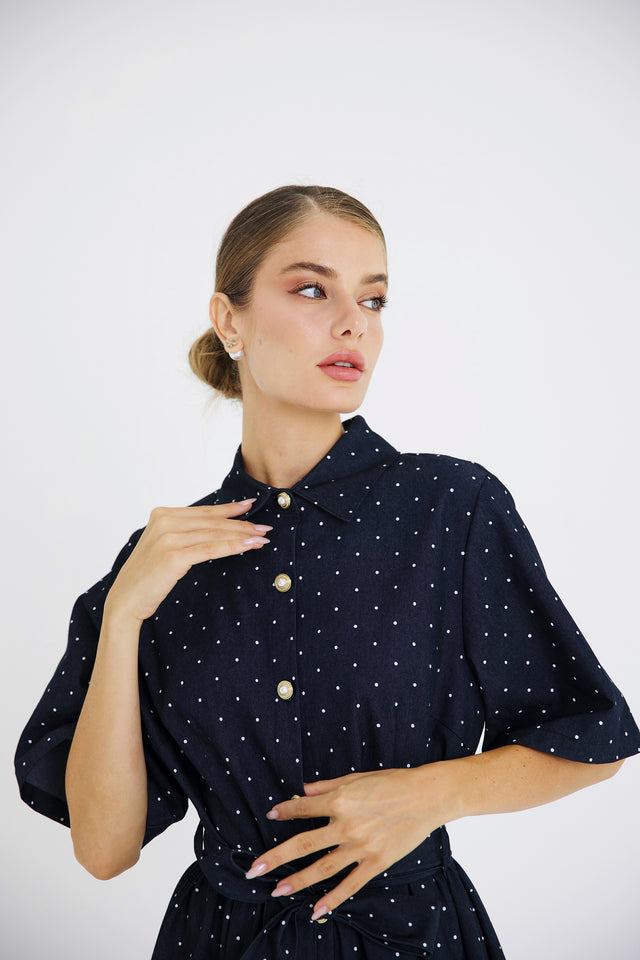 Midnight Denim Polka Dot Dress