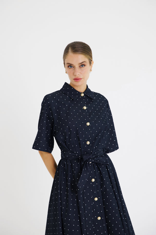 Midnight Denim Polka Dot Dress